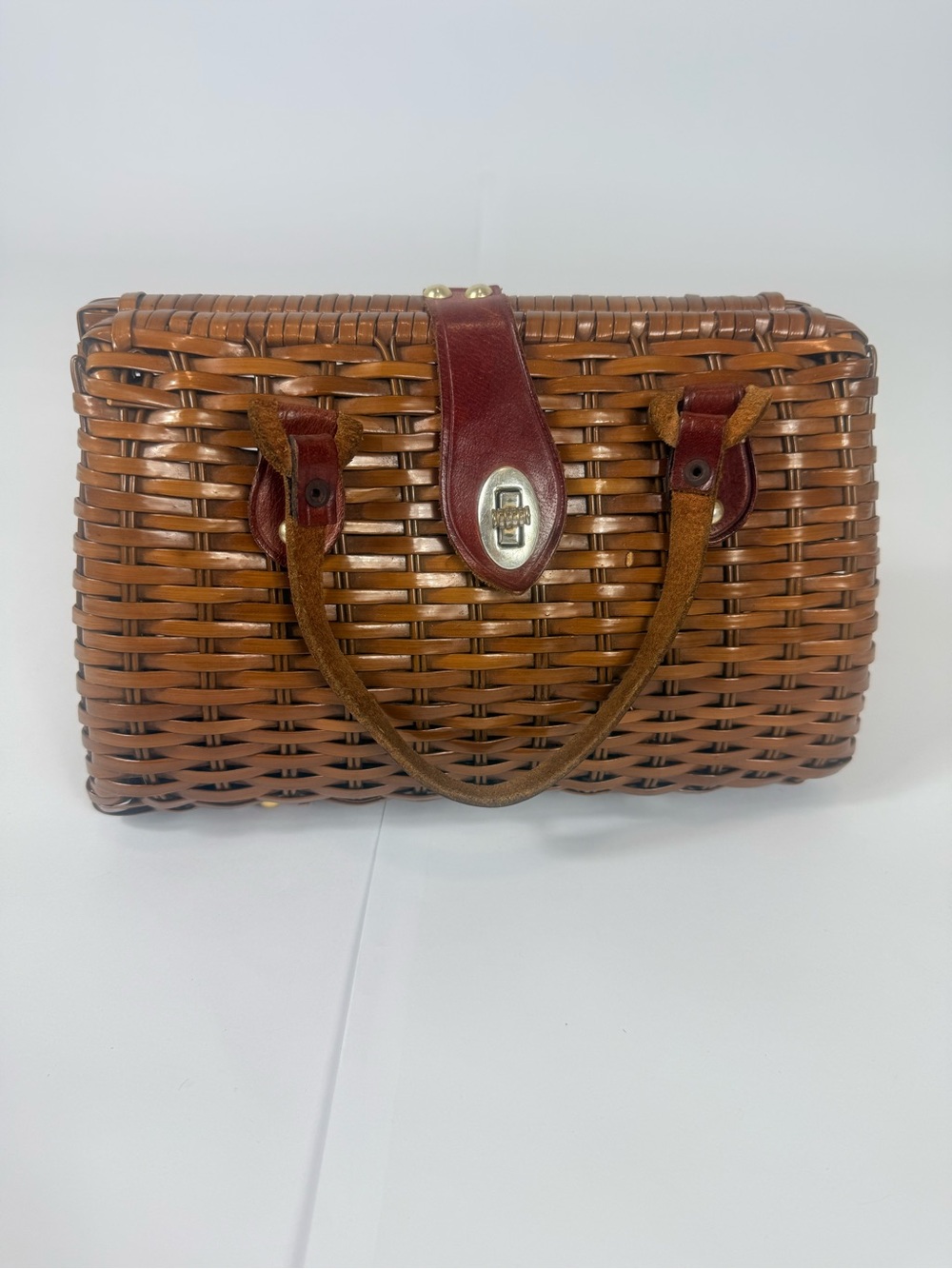 Woven Brown Basket-Style Women's Handbag with Leather Trim Vintage 1970’s READ